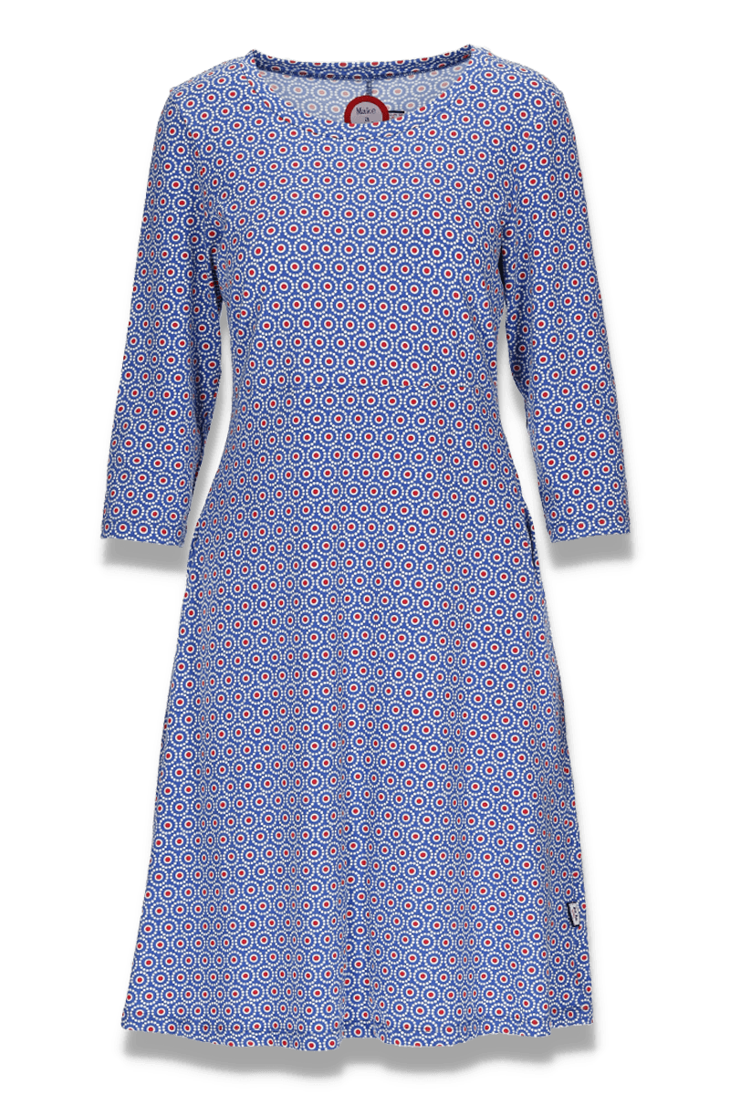 Sonja blå og rød mønstret kjole