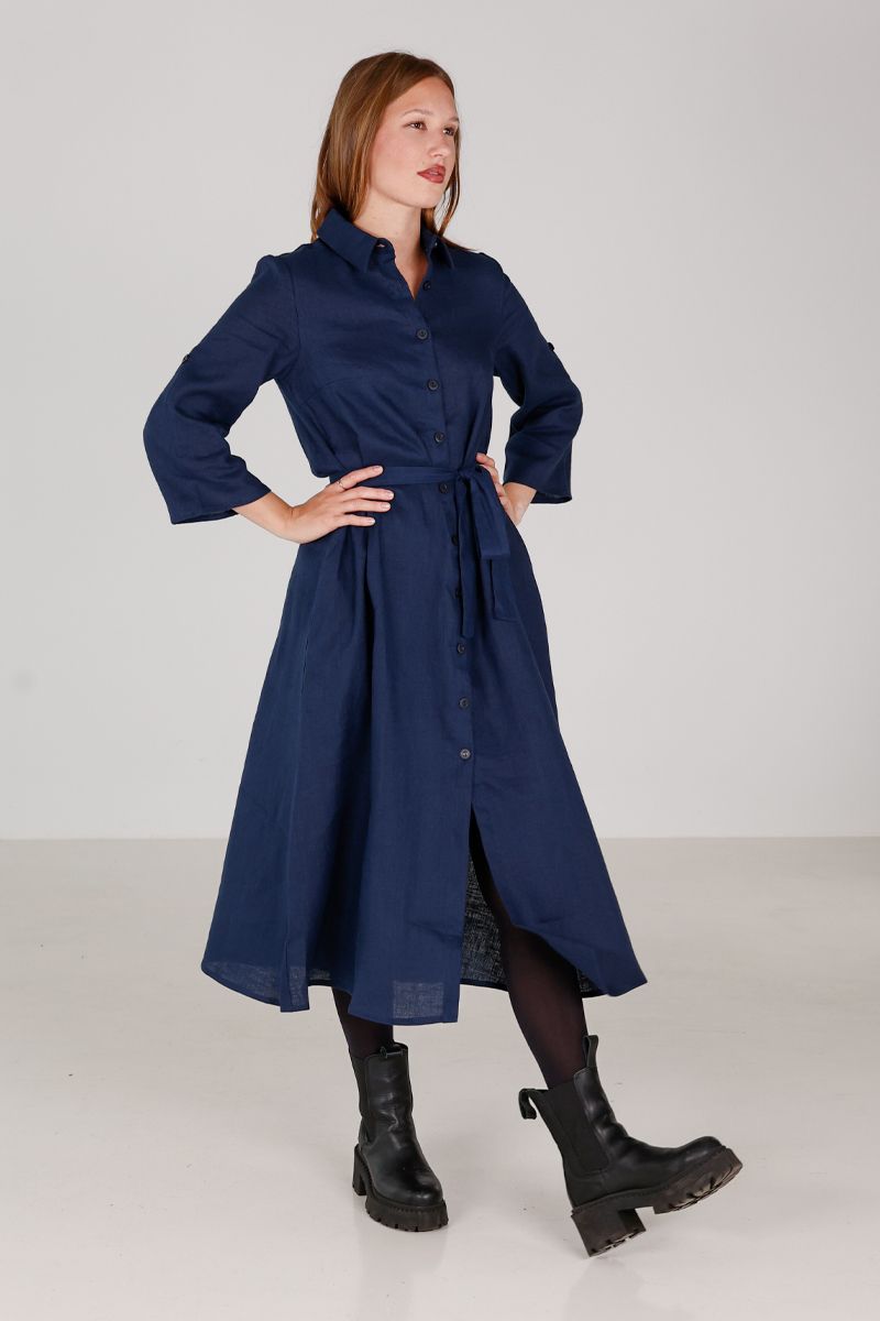 Donna marineblå skjortekjole i lin